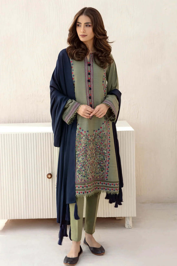 Jazmin - 3PC Dhanak Embroidered Shirt with Dhanak Shawl and Trouser (Unstitched) - SQ-3DEF7