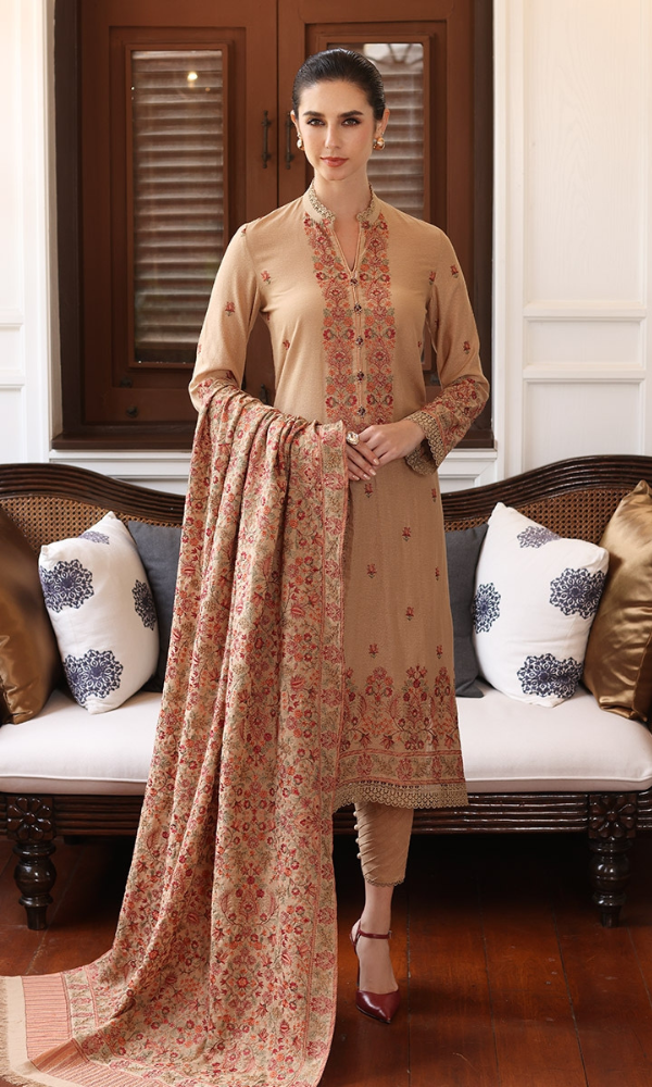 Bareeze - 3 Piece Dhanak Heavy Embroidered Shirt and Trouser with Embroidered Shawl - SQ-3DEF46