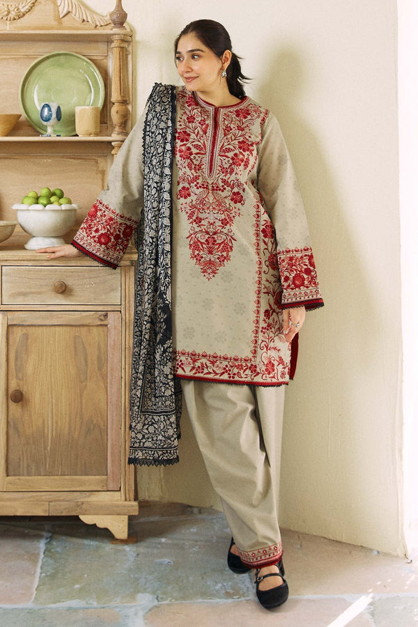 ZARA SHAH JAHAN - 3PC Dhanak Embroidered Shirt & Trouser, Wool Shawl (Unstitched) - SQ-3DEF9