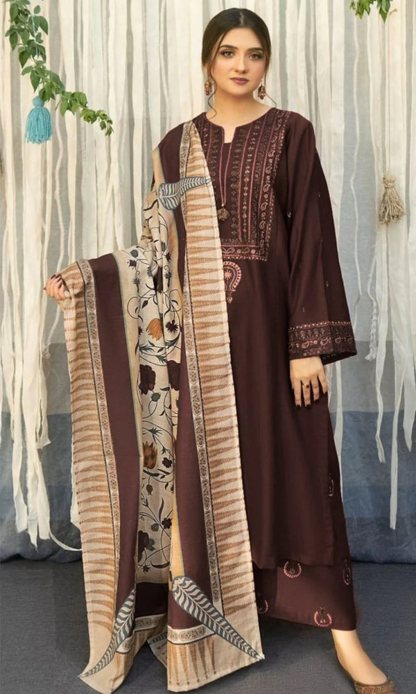 3PC Dhanak Embroidered Shirt, Trouser, and Printed Shawl (Unstitched) - SQ-3DE2