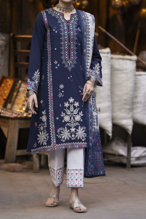 3PC Unstitched Dhanak Embroidered Shirt with Wool Shawl and Trouser - SQ-3DEF53