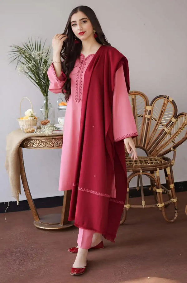 3PC Dhanak Embroidered Shirt, Trouser, and Shawl (Unstitched) - SQ-3DEF29