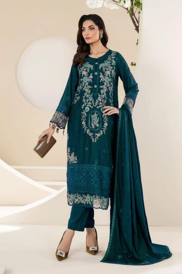MARIA B - 3PC Dhanak Embroidered Suit | Shirt, Trouser & Wool Shawl (Unstitched) - SQ-3DEF5