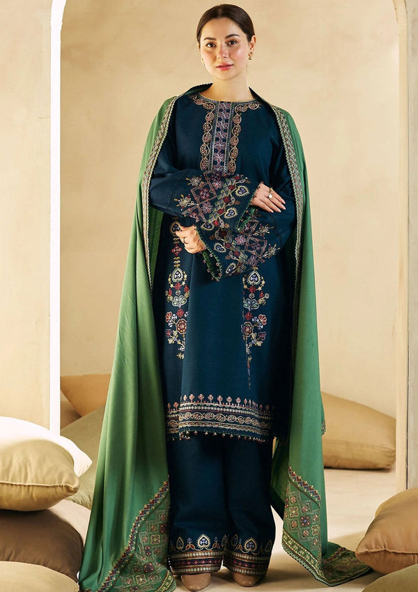 Zara Shah Jahan - 3PC Dhanak Embroidered Shirt, Trouser, and Shawl (Unstitched) - SQ-3DE1
