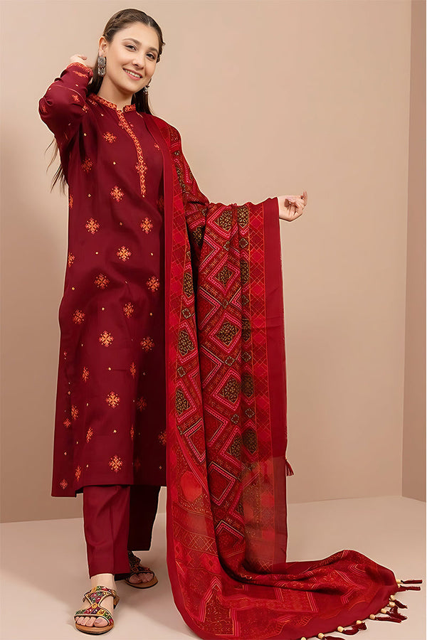 KAYSERIA - 3PC Dhanak Embroidered Shirt and Trouser with Wool Shawl (Unstitched) - SQ-3DEF27