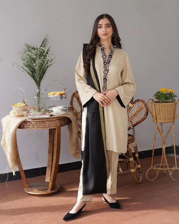 3PC Dhanak Embroidered Shirt, Wool Shawl, Plain Trouser (Unstitched) - SQ-3DE4