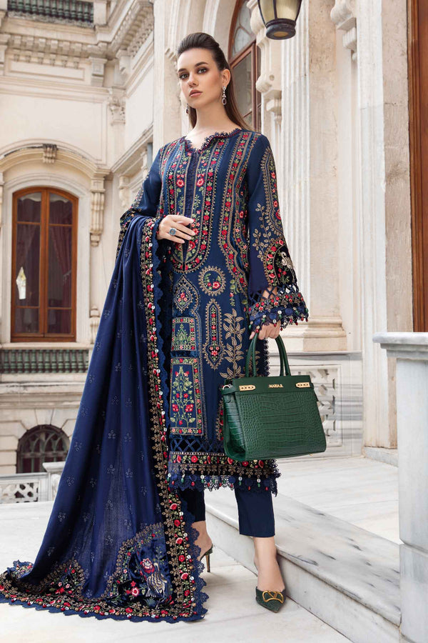 MARIA B - 3PC Dhanak Heavy Embroidered and Velvet work Shirt, Shawl and Plain Trouser (Unstitched) - MB-965