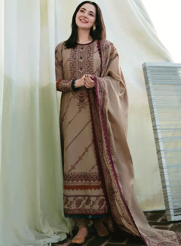 3PC Dhanak Embroidered Shirt, Shawl, and Trouser (Unstitched) - SQ-3DEF57