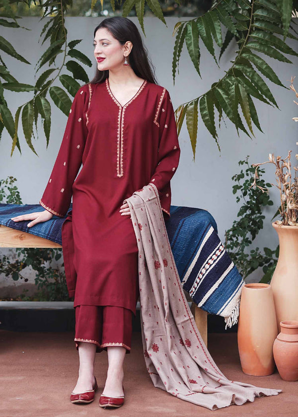 3PC Dhanak Embroidered Shirt, Trouser, and Shawl (Unstitched) - SQ-3DEF28