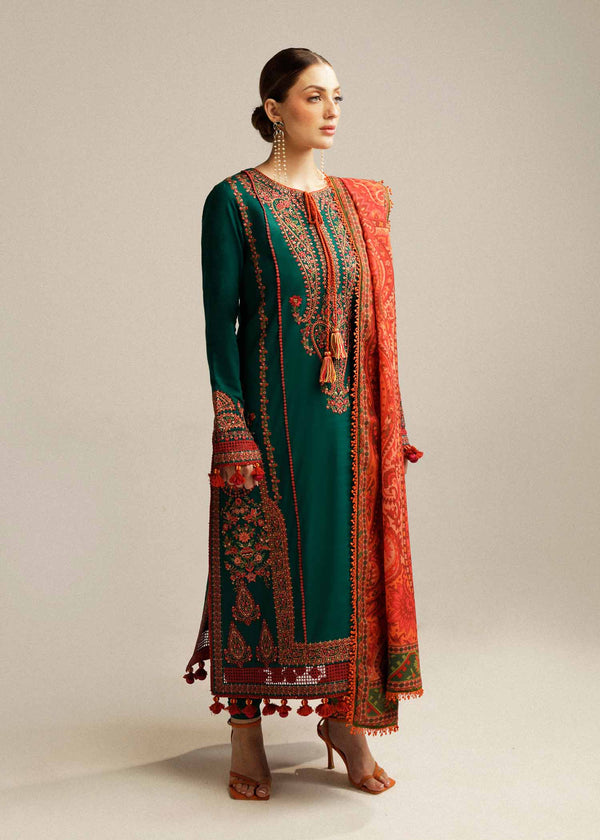 HUSSAIN REHAR - 3PC Dhanak Embroidered Shirt with Wool Shawl and Plain Trouser (Unstitched) - SQ-3DEF8