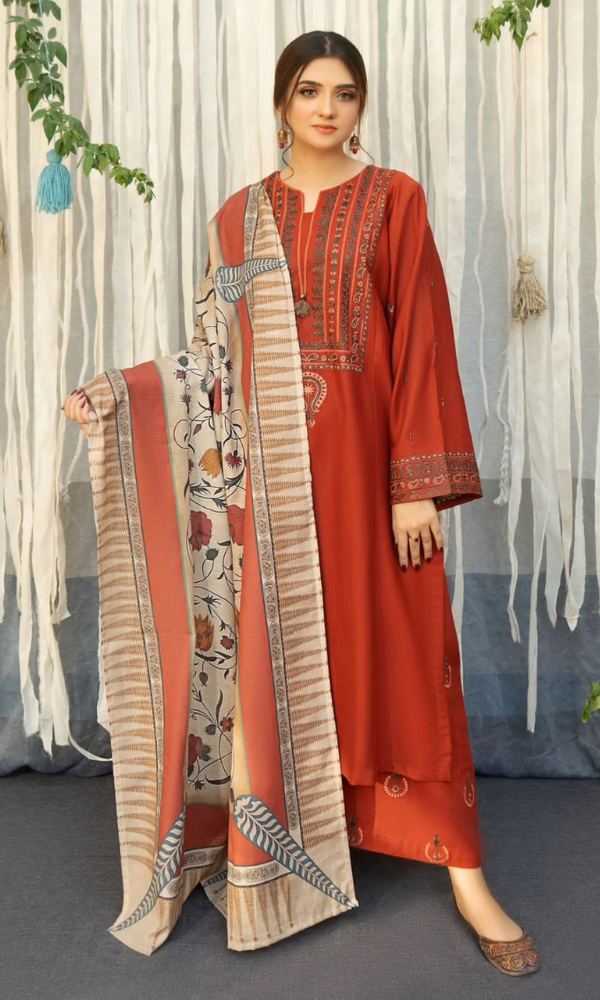 URGE - 3PC Dhanak Embroidered Shirt with Wool Dupatta and Embroidered Trouser (Unstitched) - SQ-3DEF43