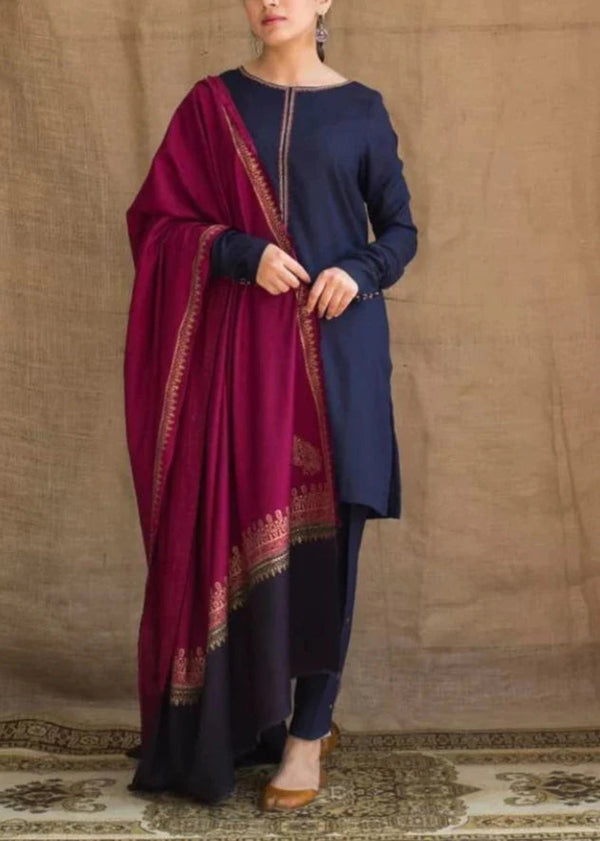 Zarpash - 3PC Dhanak Neckline Embroidered Shirt with Printed Wool Shawl and Trouser (Unstitched)-AG-1115