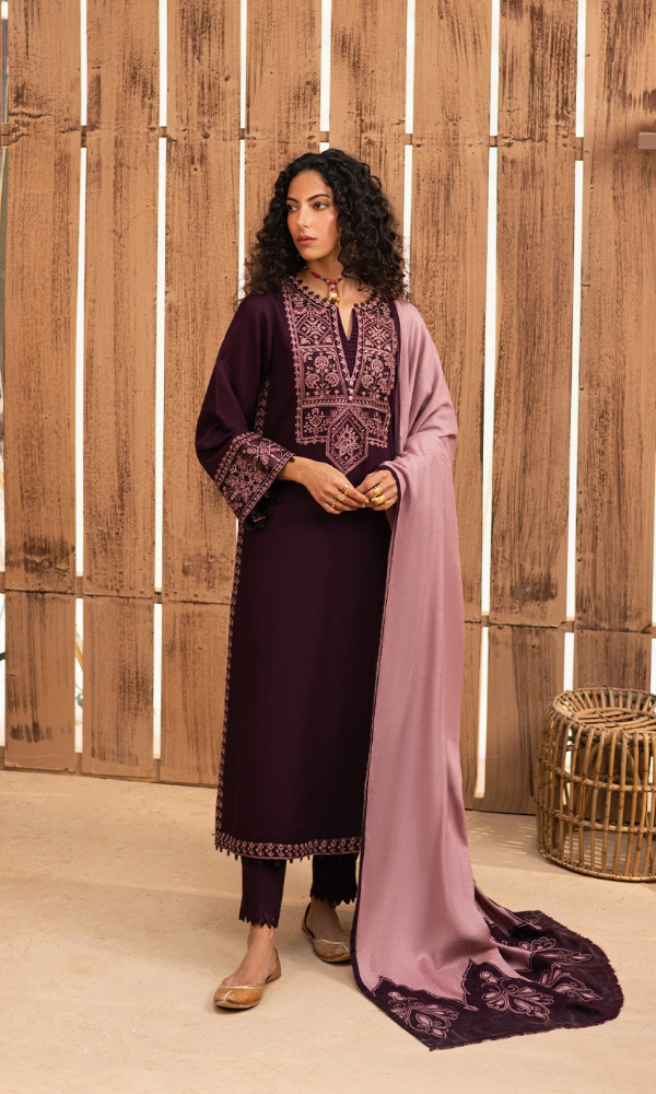 3PC Dhanak Embroidered Shirt, Dhanak Shawl, & Trouser (Unstitched) - SQ-3DE6