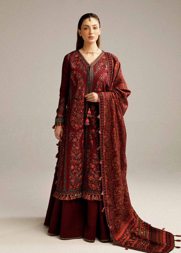 HUSSAIN REHAR - 3PC Dhanak Embroidered Shirt and Trouser with Wool Shawl (Unstitched) - SQ-3DEF25