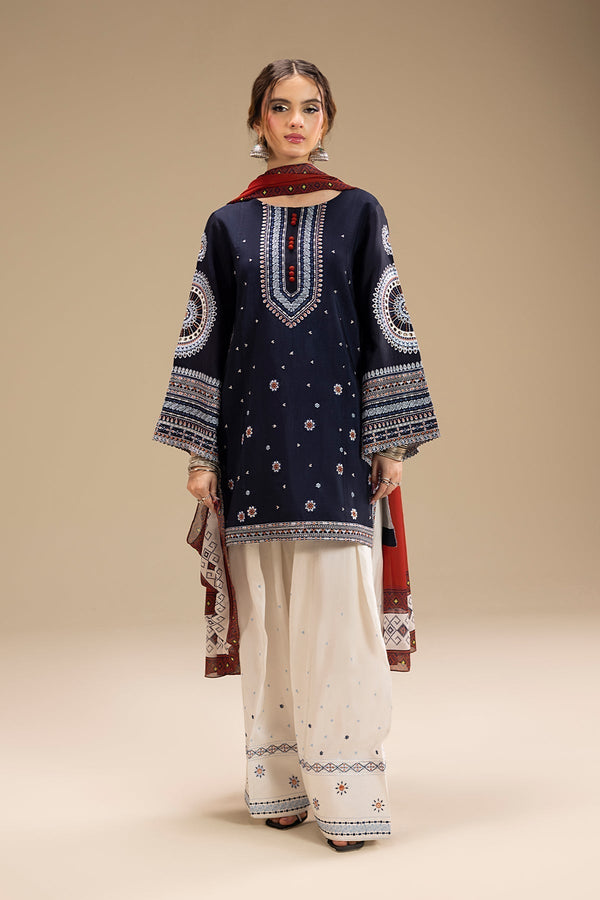 JASMIN-3PC Dhanak Embroidered Shirt and Trouser, with Coterie Wool Printed Shawl (Unstitched)-SQ-3DE5