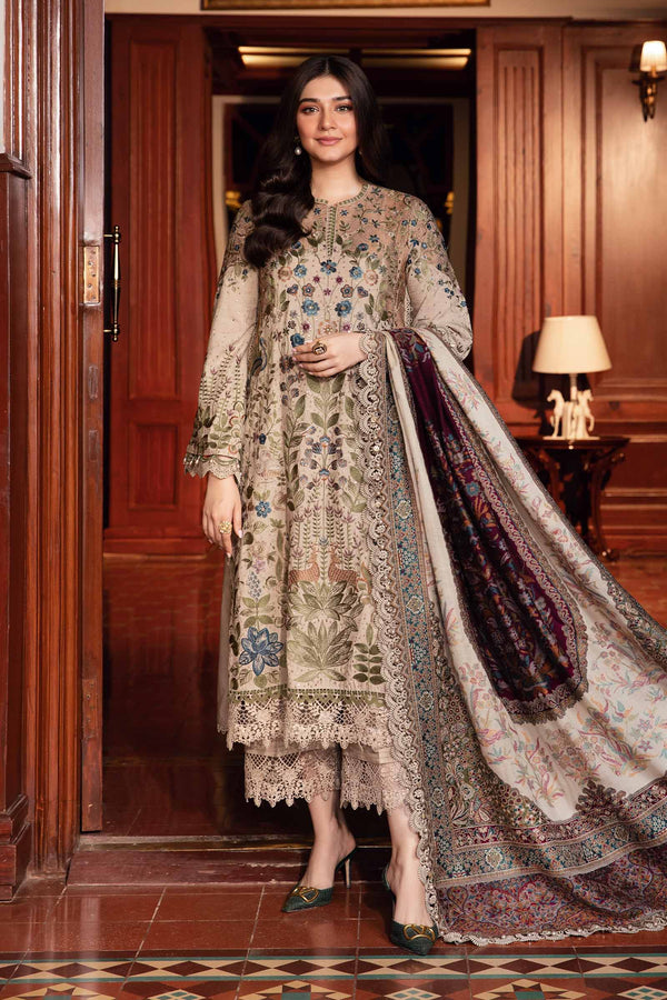 MARIA B - 3PC Dhanak Embroidered Shirt and Trouser with Wool Shawl (Unstitched) - SQ-3DEF17