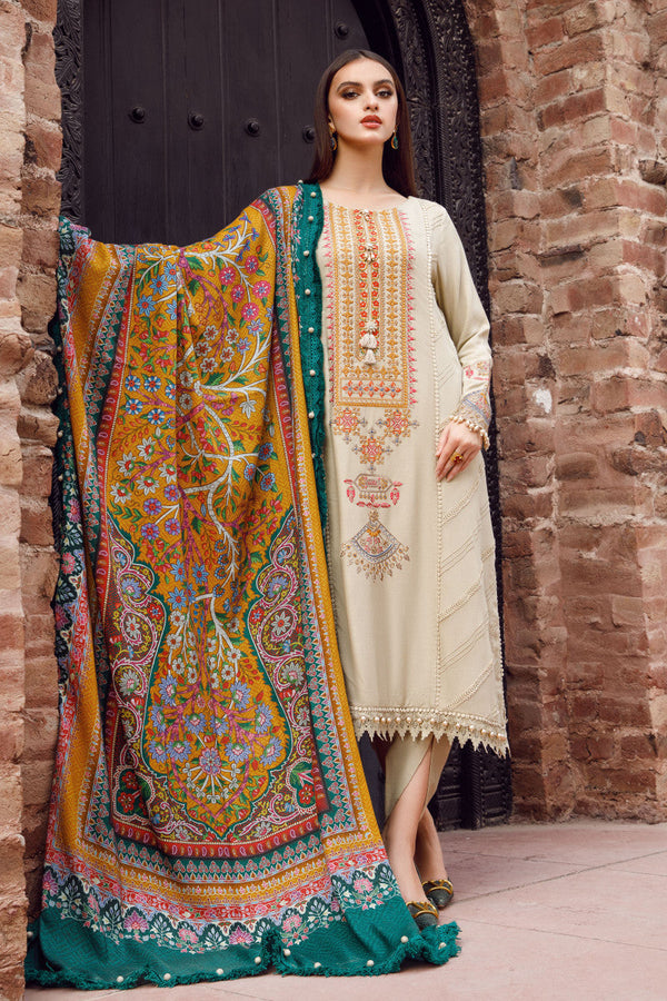 Maria B - 3PC Unstitched Dhanak Embroidered Shirt with Wool Shawl and Trouser - SQ-3DEF47