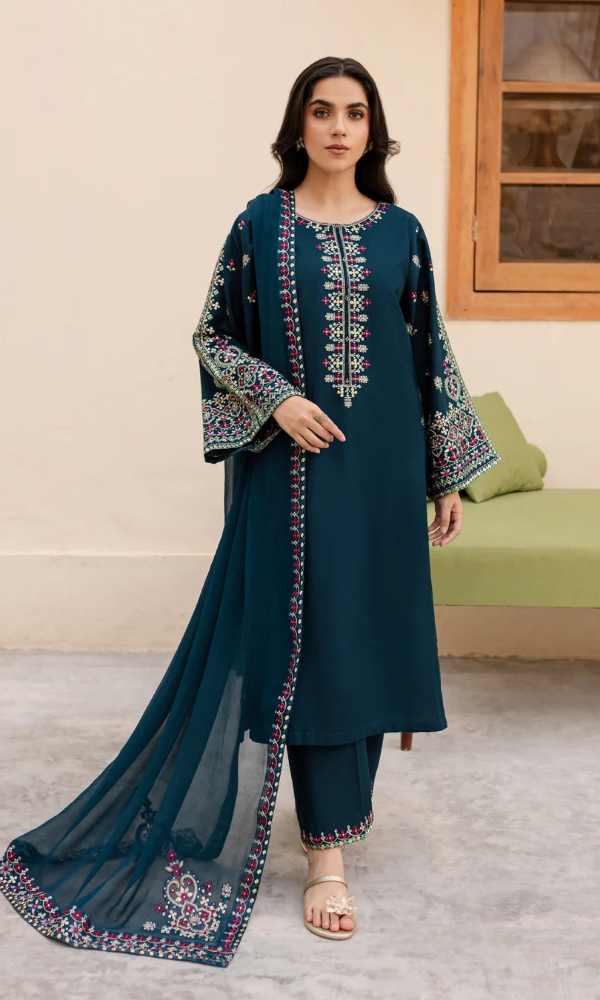 BATIK - 3PC Dhanak Embroidered Shirt with Emb Dhanak Shawl and Trouser (Unstitched) - SQ-3DEF10