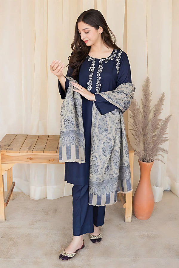 3PC Dhanak Embroidered Shirt, Trouser, and Shawl (Unstitched) - SQ-3DEF31