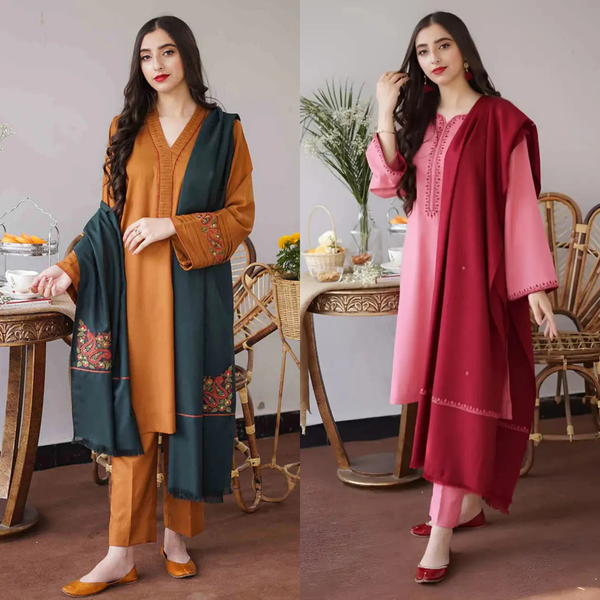Double Style Deal: Pack of 2 Unstitched 3PC Dhanak Embroidered Suits - DR-01